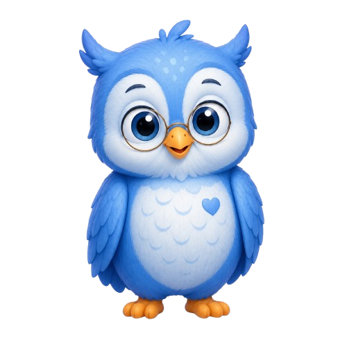 A coruja azul com óculos redondos, versão da Ollie para os responsáveis